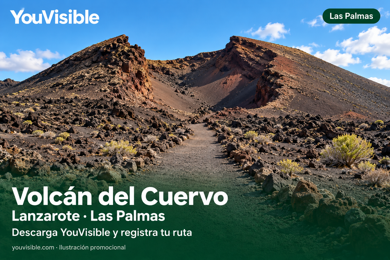 Ilustración promocional de YouVisible con sendero de lava hacia la caldera del Volcán del Cuervo en Lanzarote