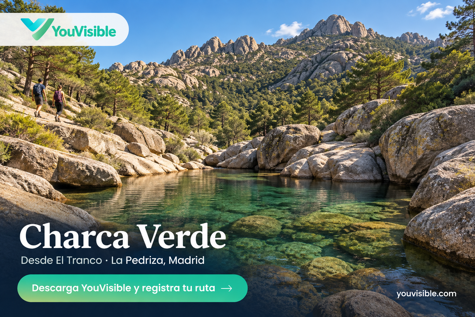 Creatividad promocional de YouVisible para Charca Verde, con paisaje rocoso, logo e invitación a registrar la ruta