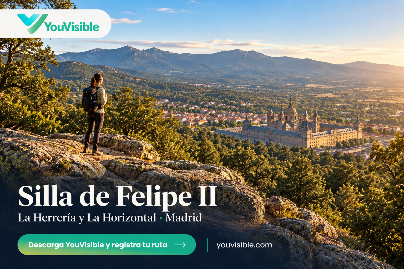 Creatividad promocional de YouVisible para la Silla de Felipe II, con mirador, logo e invitación a registrar la ruta