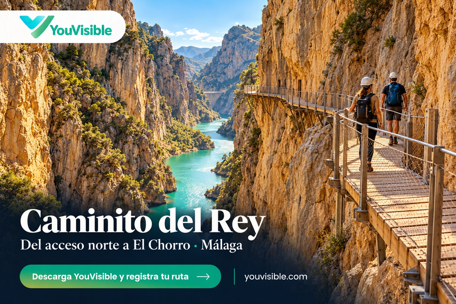 Ilustración promocional de YouVisible con pasarelas del Caminito del Rey entre desfiladeros e invitación a registrar la ruta