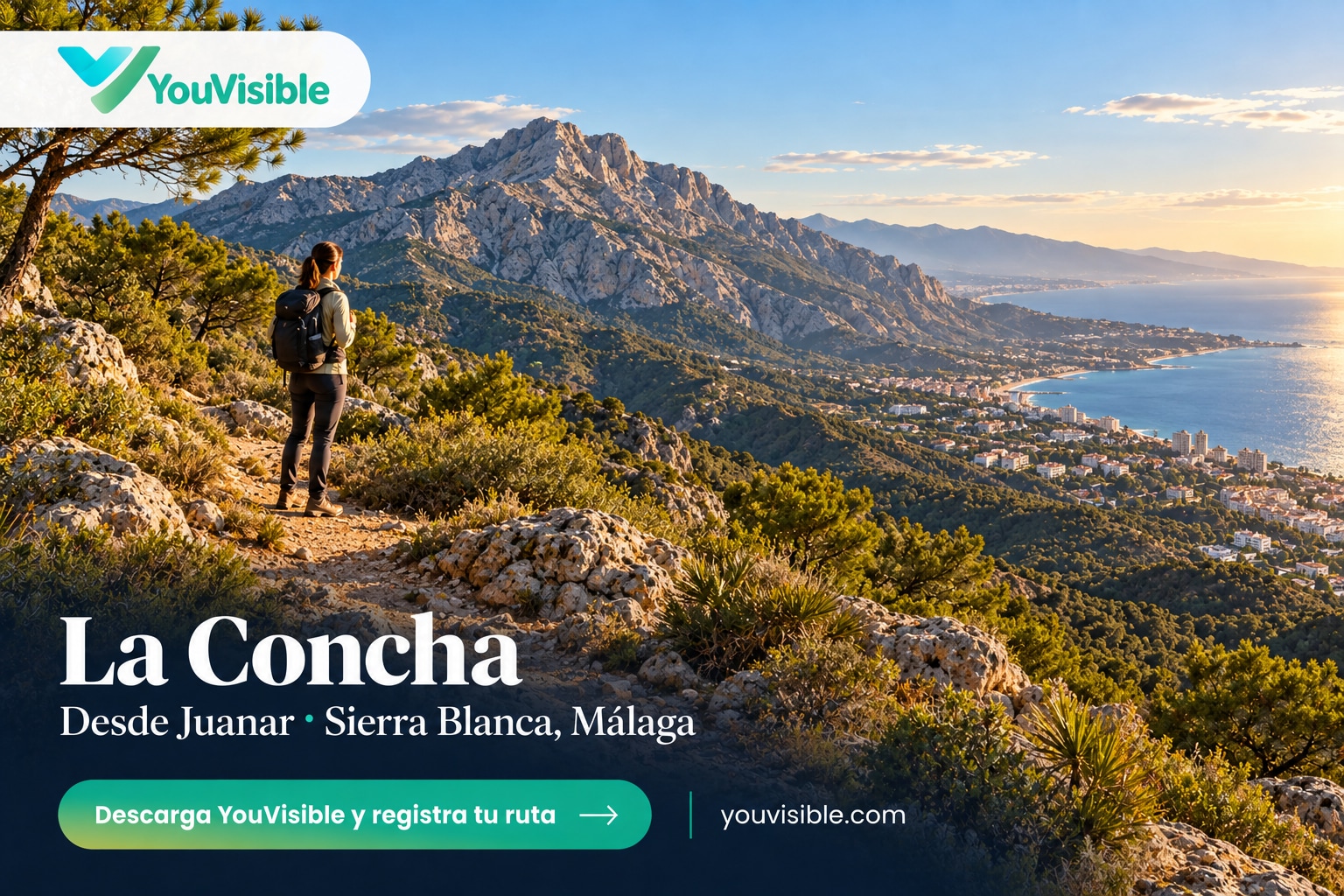Ilustración promocional de YouVisible con senderista ante Sierra Blanca y la costa e invitación a registrar la ruta