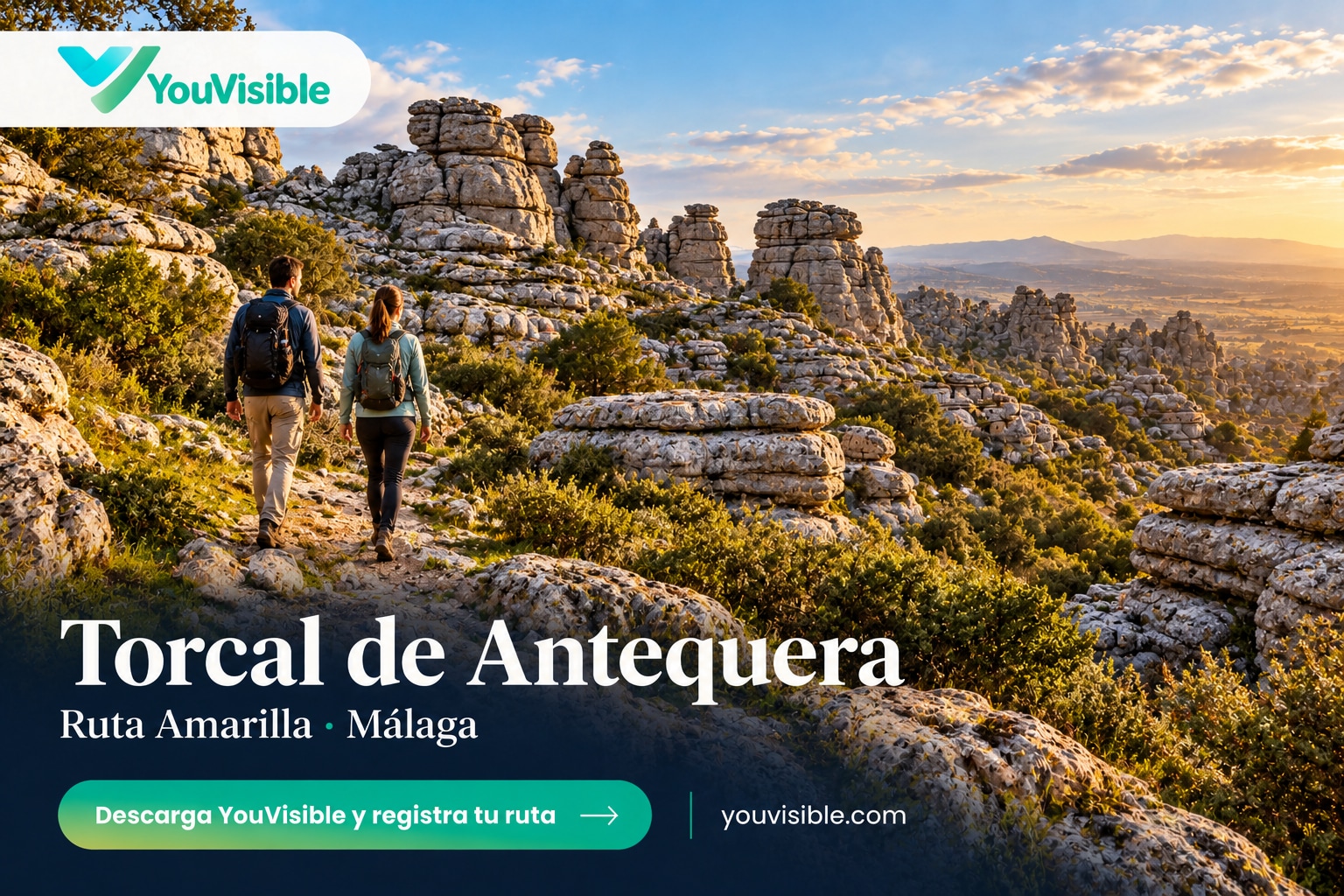 Ilustración promocional de YouVisible con senderistas entre rocas del Torcal de Antequera e invitación a registrar la ruta