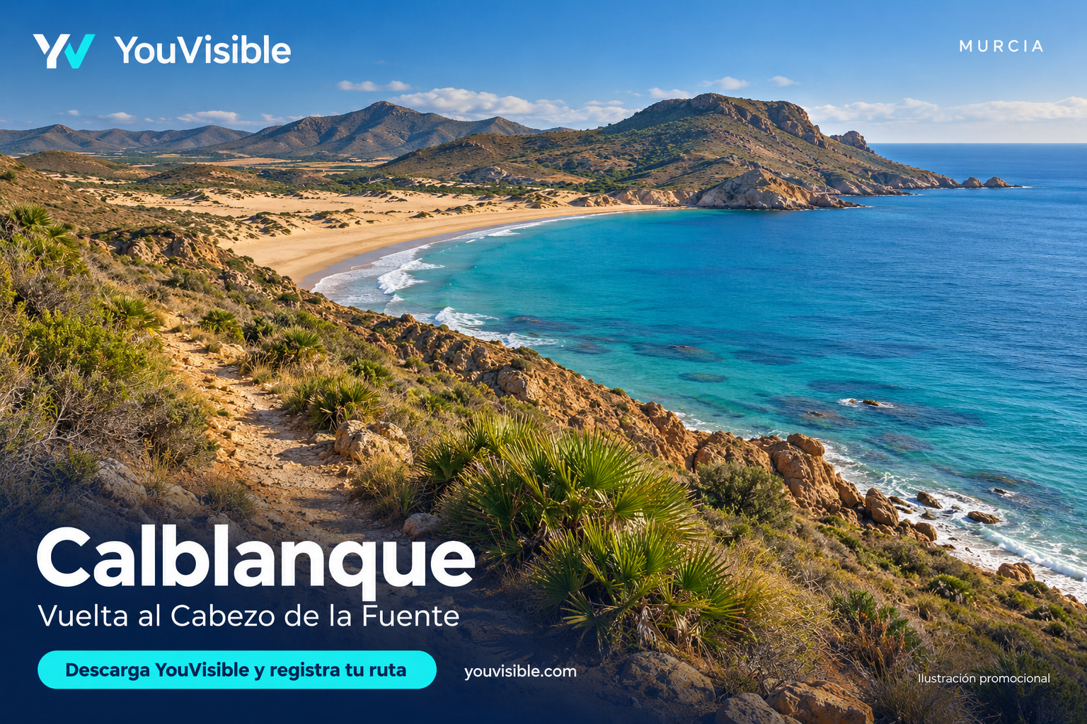 Ilustración promocional de YouVisible de Calblanque, con sendero costero, playas y Cabezo de la Fuente e invitación a registrar la ruta