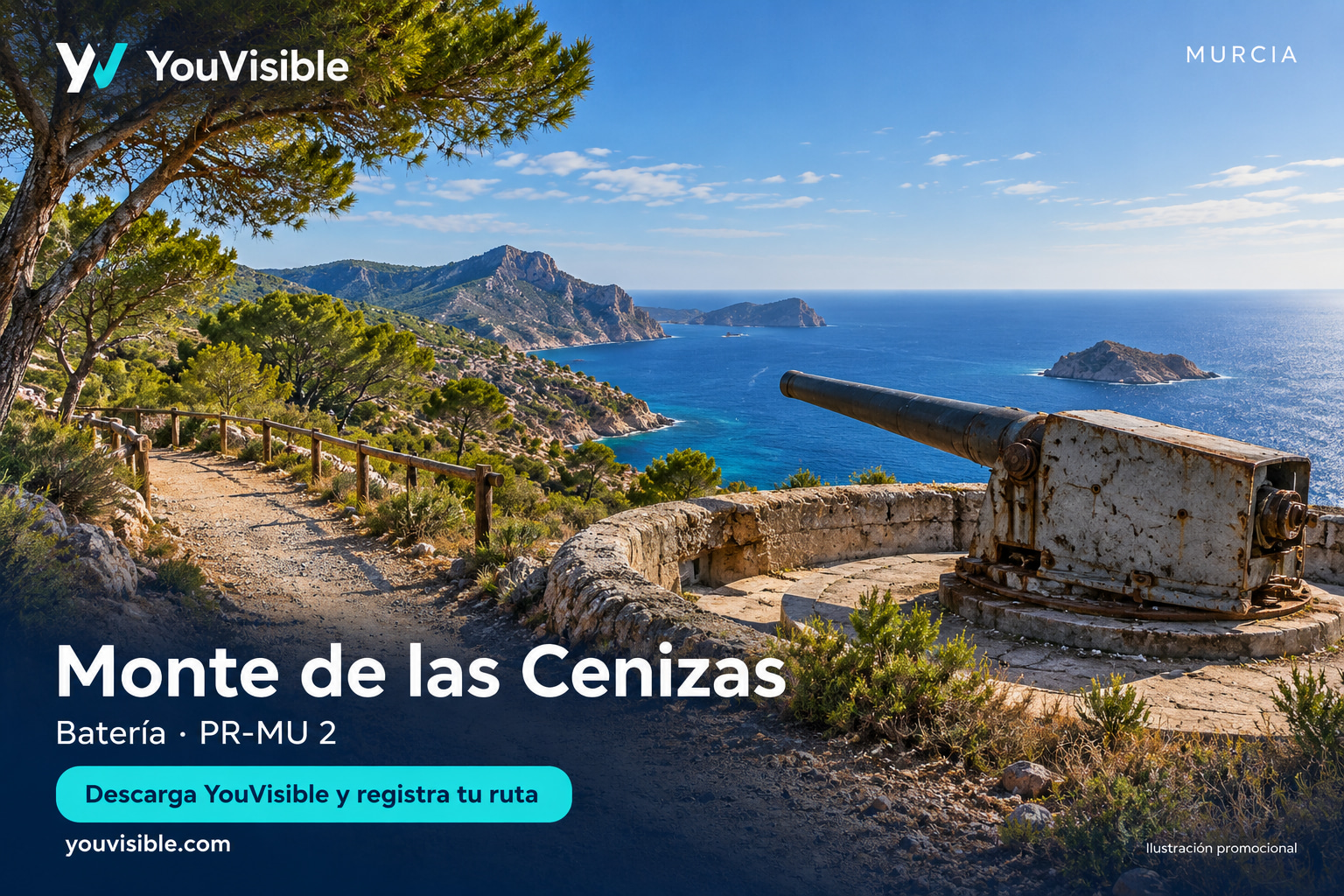 Ilustración promocional de YouVisible del Monte de las Cenizas, con sendero entre pinos, batería y mar e invitación a registrar la ruta