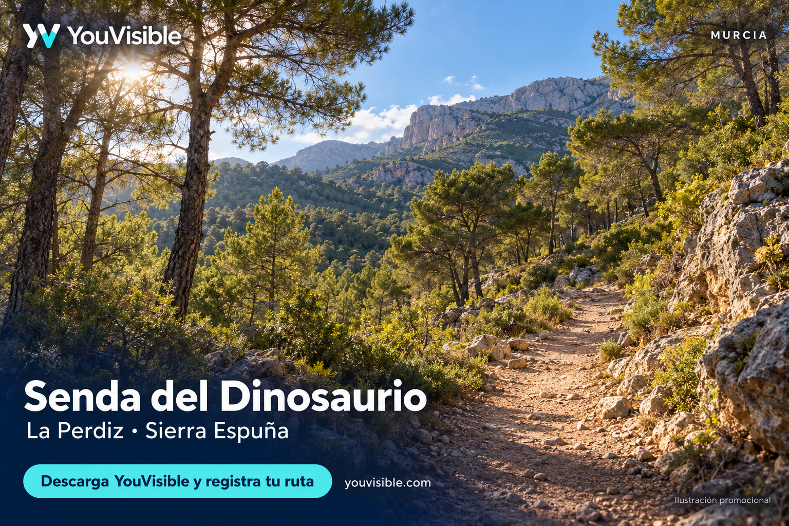 Ilustración promocional de YouVisible de la Senda del Dinosaurio, con sendero entre pinos en Sierra Espuña e invitación a registrar la ruta
