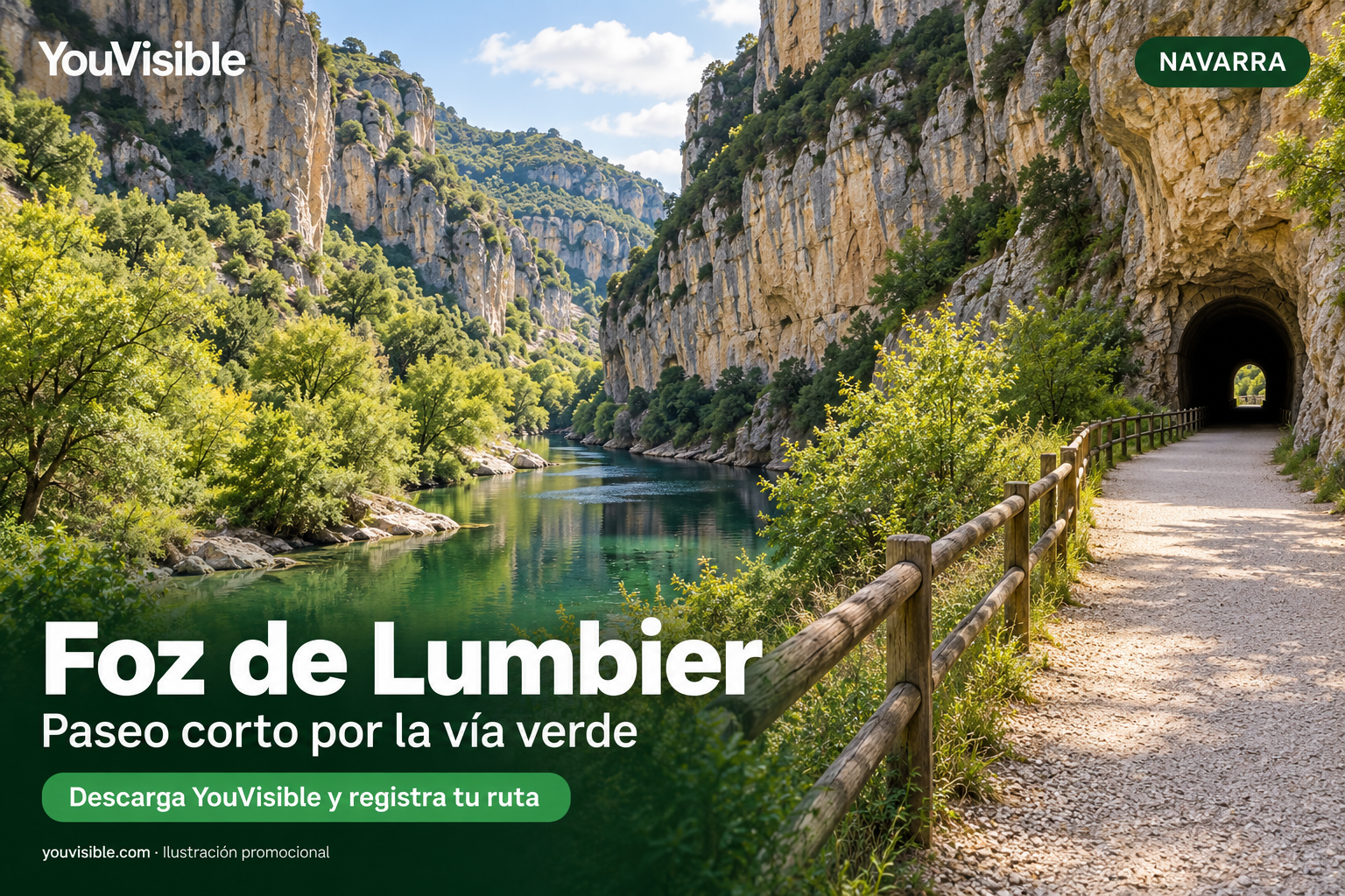 Ilustración promocional de YouVisible del río Irati entre paredes calizas, túnel y camino con barandilla en la Foz de Lumbier