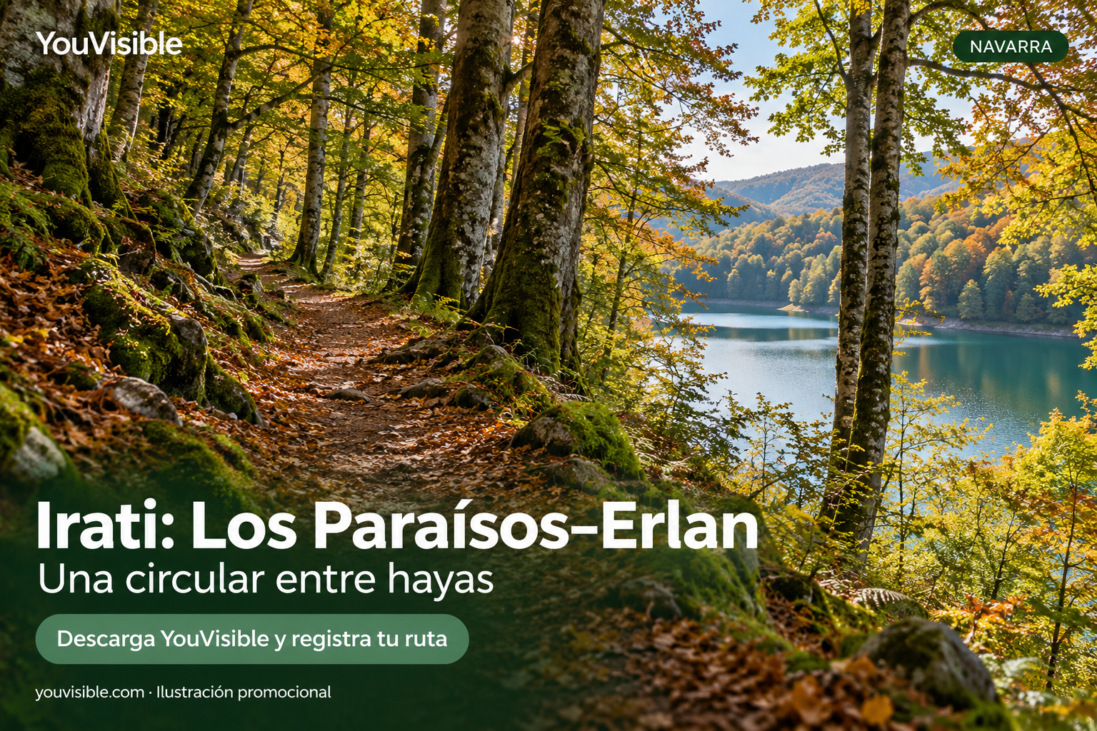 Ilustración promocional de YouVisible de un sendero entre hayas junto al embalse de Irabia en otoño para Los Paraísos–Erlan