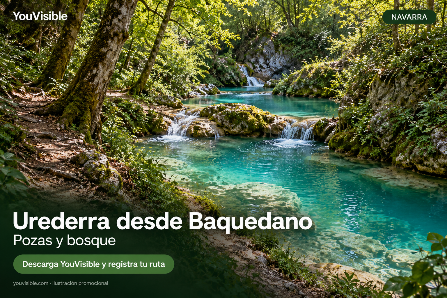 Ilustración promocional de YouVisible con pozas turquesas, cascadas y sendero entre árboles para Urederra desde Baquedano