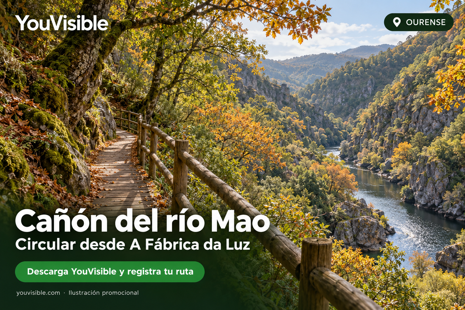 Ilustración promocional de YouVisible con pasarela de madera junto al río Mao y laderas boscosas en otoño