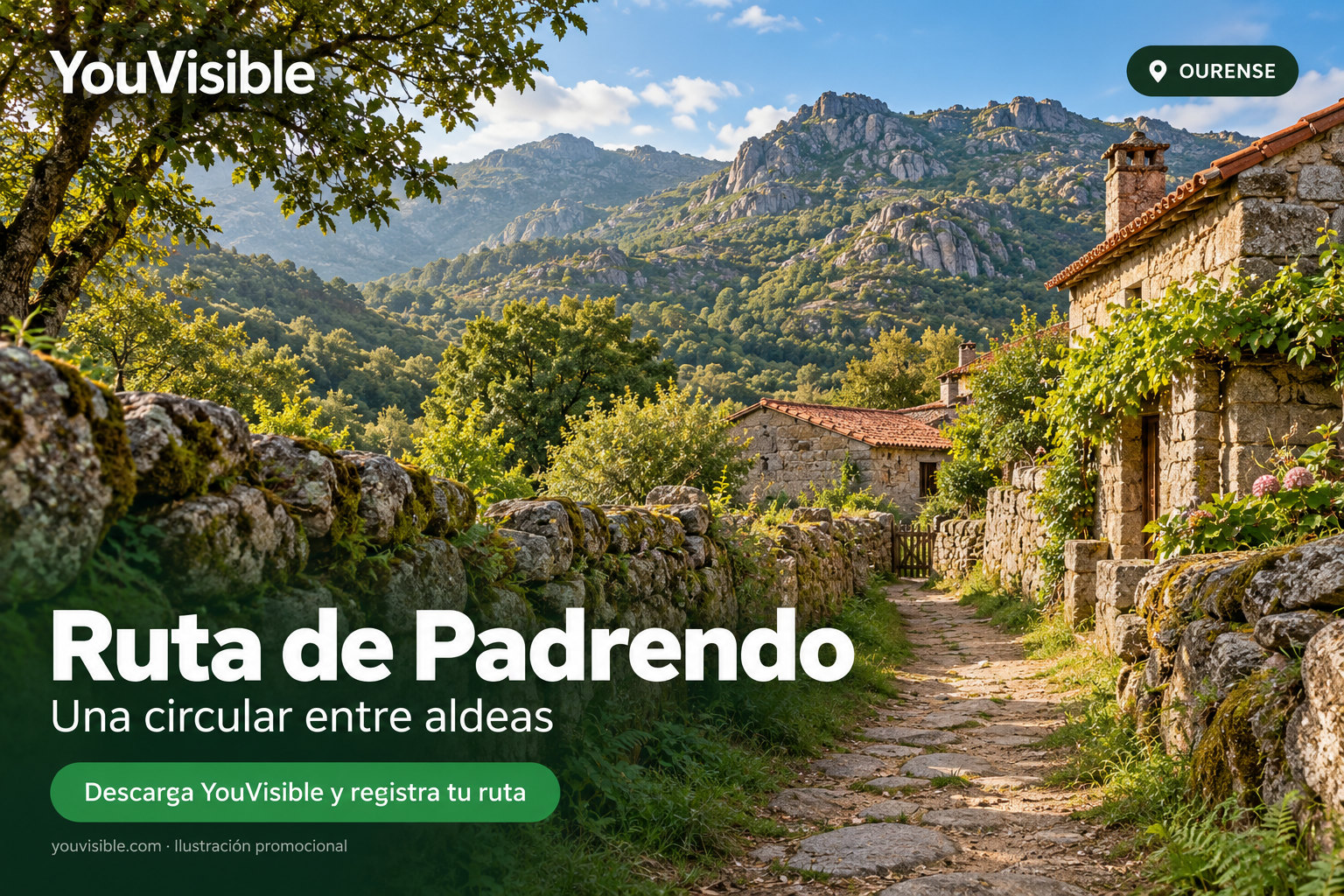 Ilustración promocional de YouVisible con camino rural entre muros y casas de piedra para la circular de Padrendo