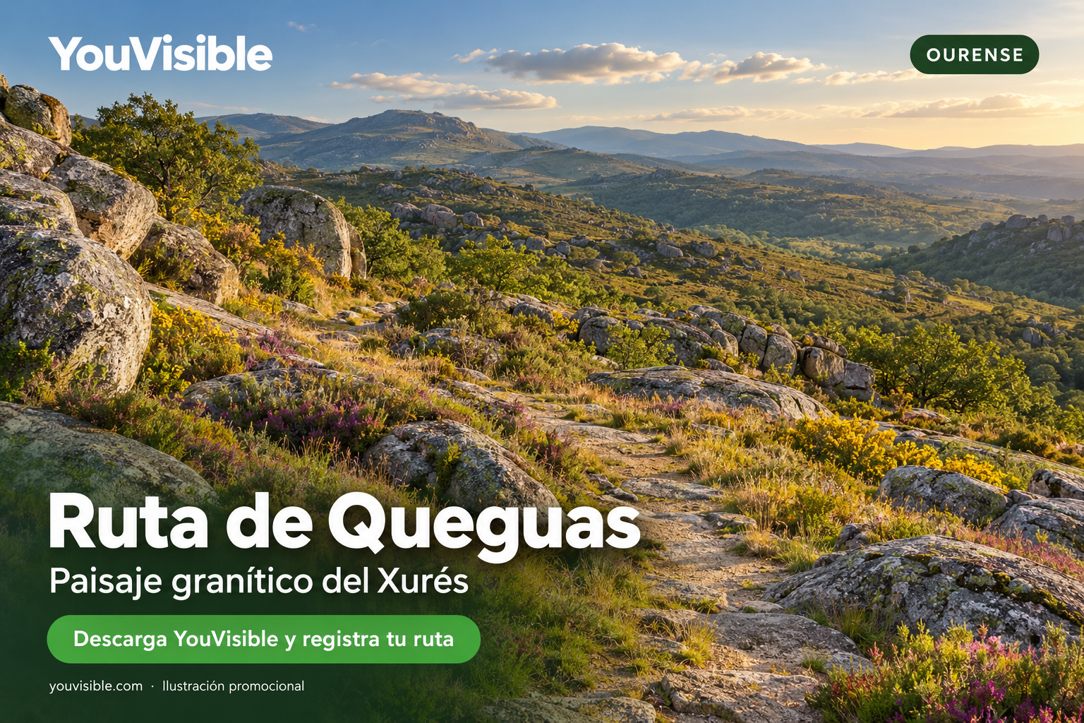Ilustración promocional de YouVisible con sendero pedregoso entre rocas graníticas y matorral en el paisaje de Queguas