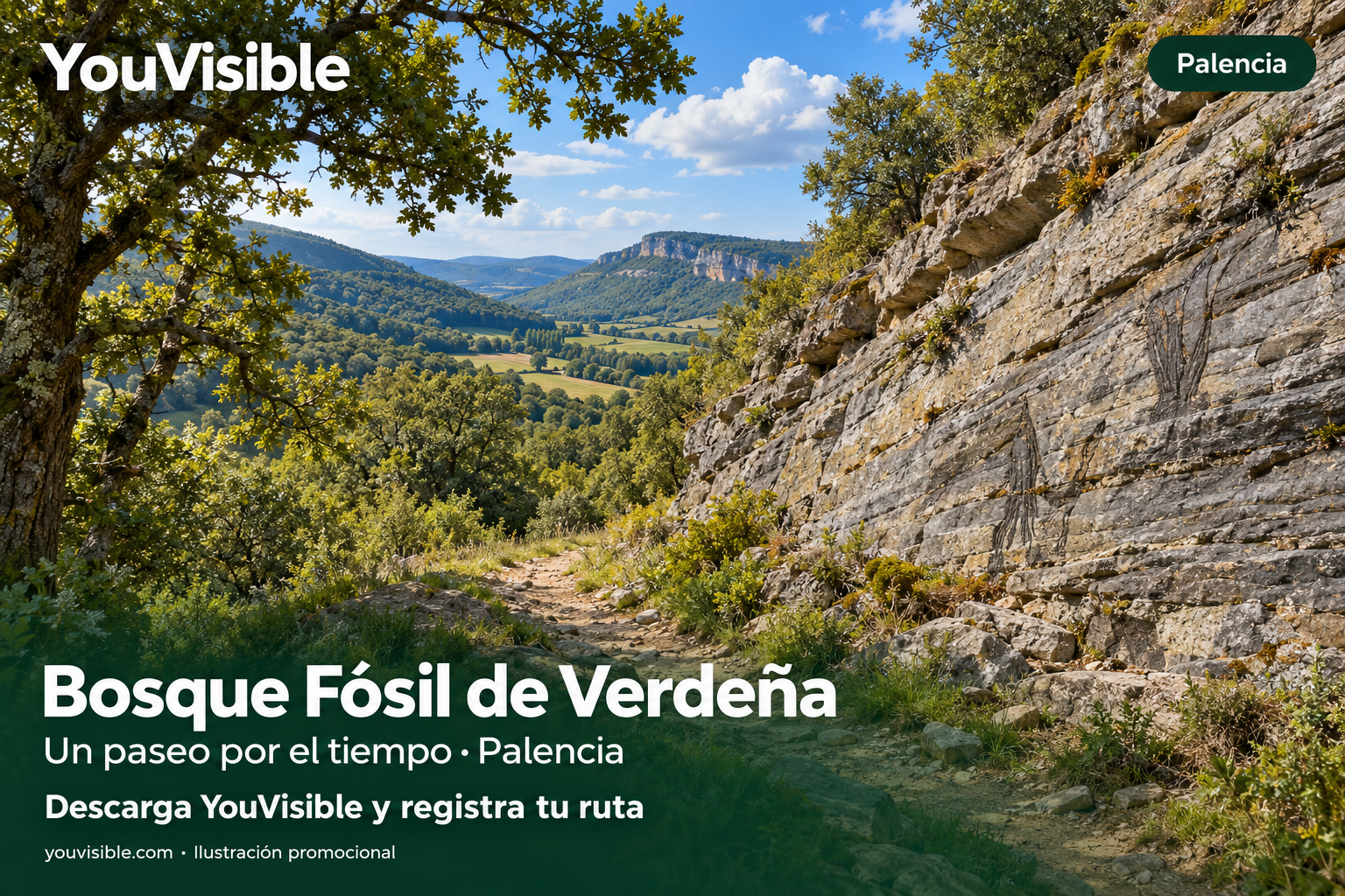 Ilustración promocional de YouVisible con pared de roca, robles y sendero para el Bosque Fósil de Verdeña