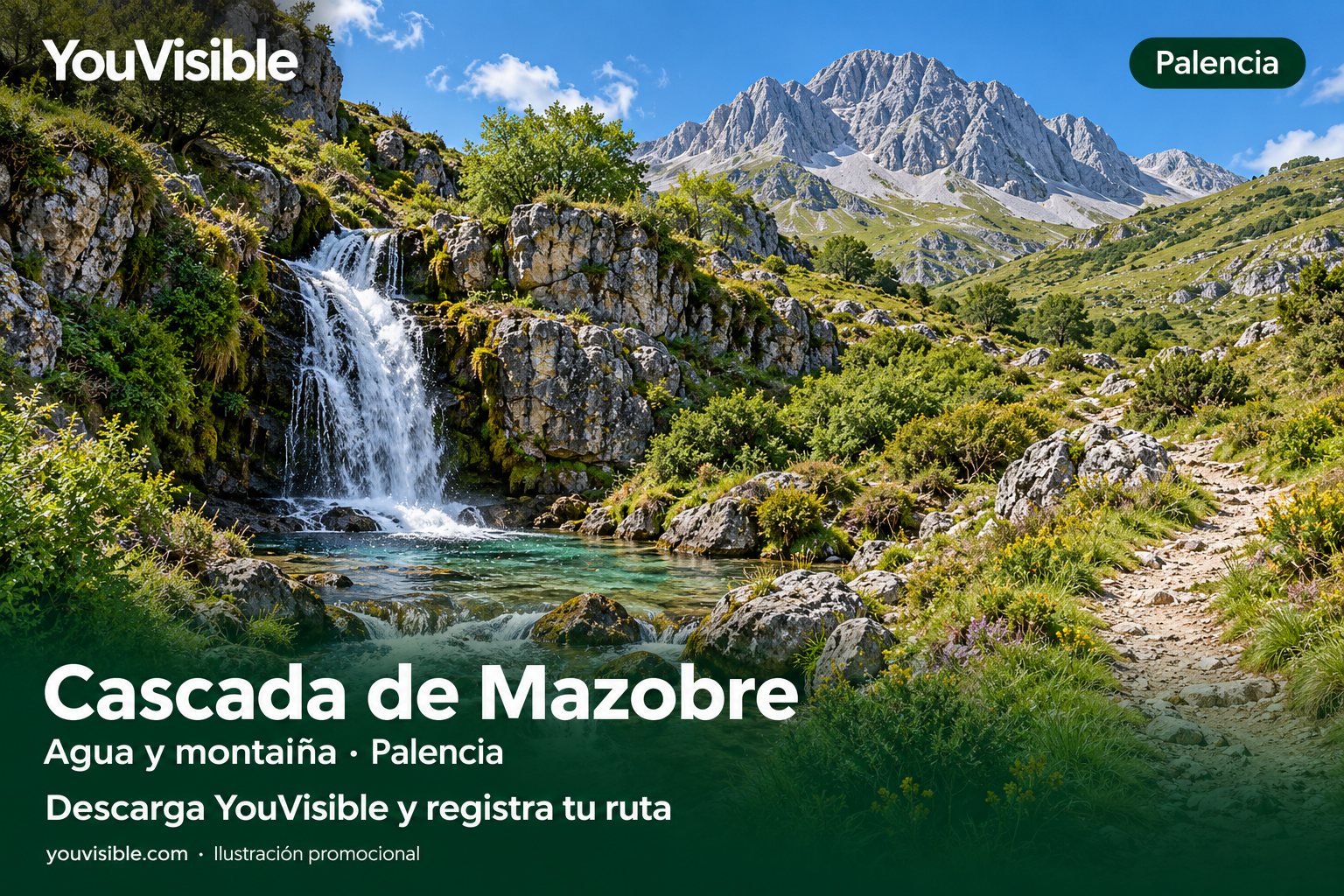 Ilustración promocional de YouVisible con cascada, arroyo y paisaje de montaña para Mazobre