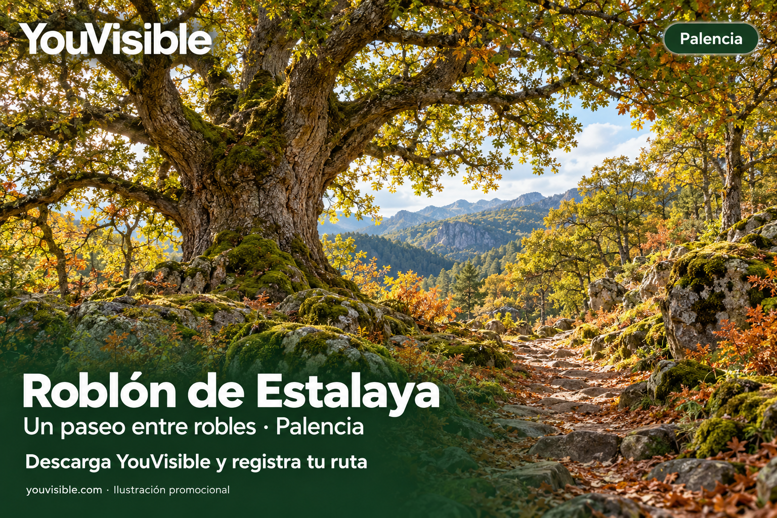 Ilustración promocional de YouVisible con un gran roble junto a un sendero rocoso en bosque otoñal de la Montaña Palentina