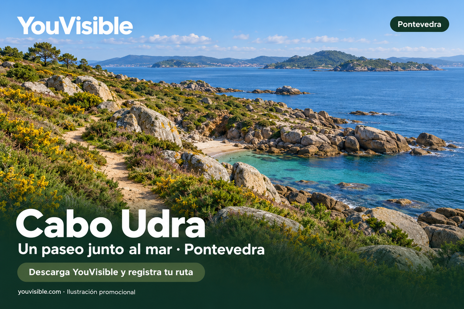 Ilustración promocional de Cabo Udra con un sendero costero, rocas de granito y vistas al mar.