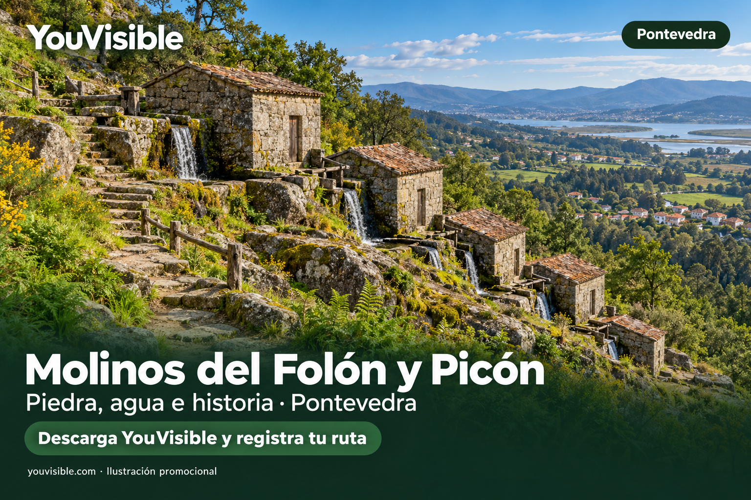 Ilustración promocional de los molinos de piedra del Folón y Picón escalonados en una ladera, con vistas al valle.