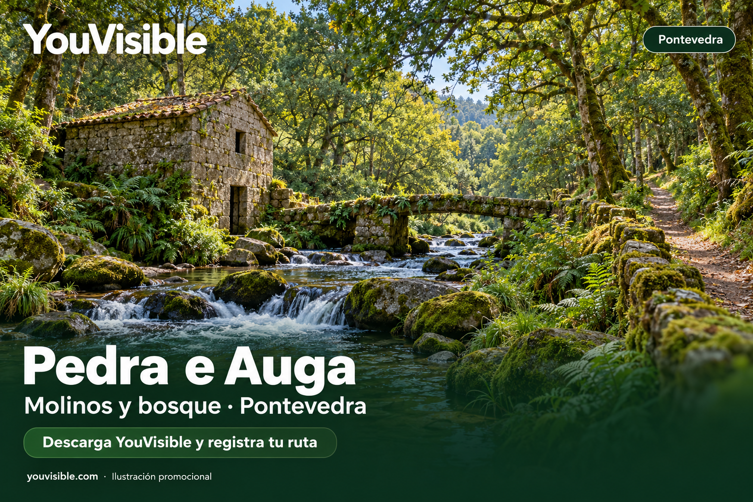 Ilustración promocional de Pedra e Auga con un molino y un puente de piedra sobre un arroyo entre vegetación.