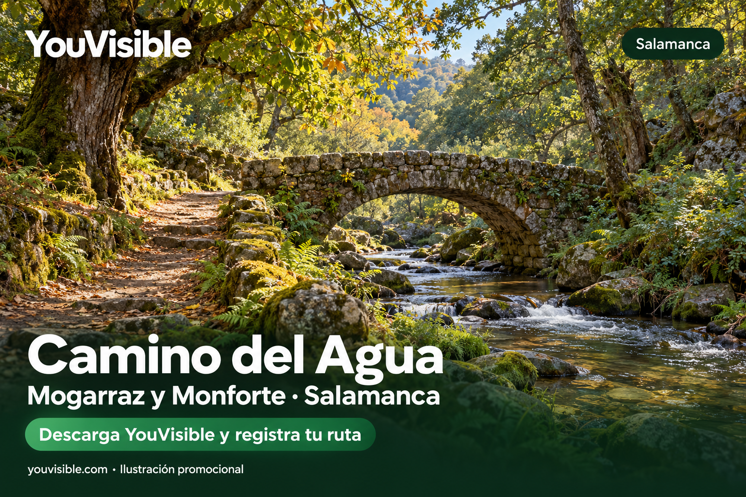 Ilustración promocional del Camino del Agua con un puente de piedra sobre un arroyo entre árboles.
