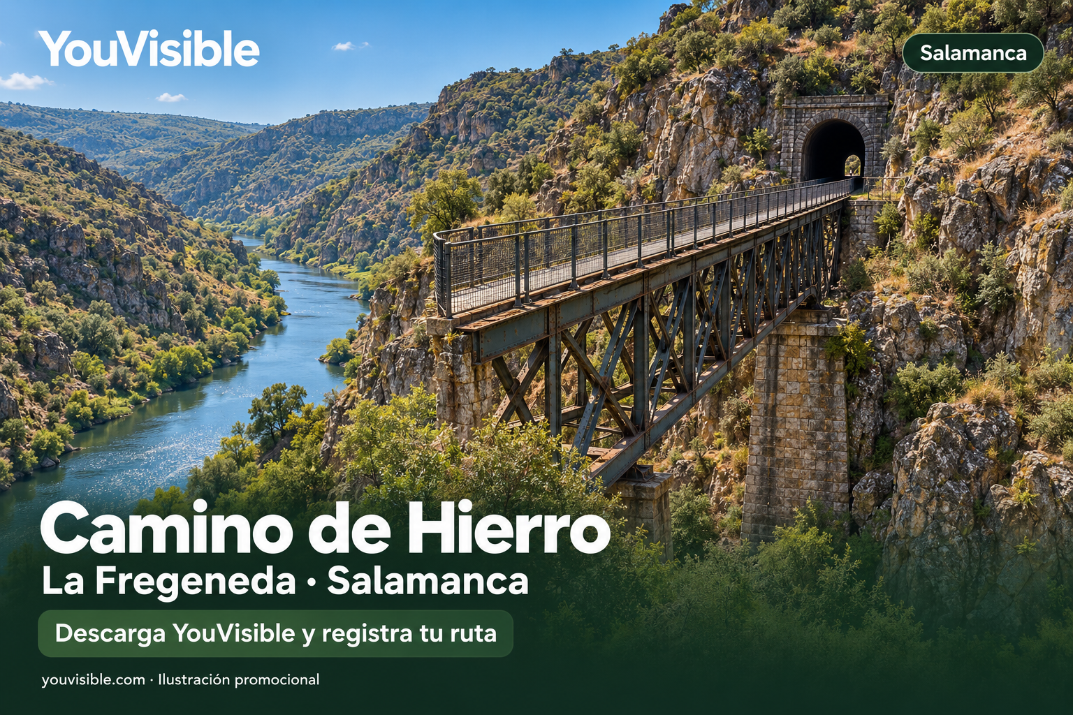 Ilustración promocional del Camino de Hierro con un puente metálico, un túnel y vistas al valle.