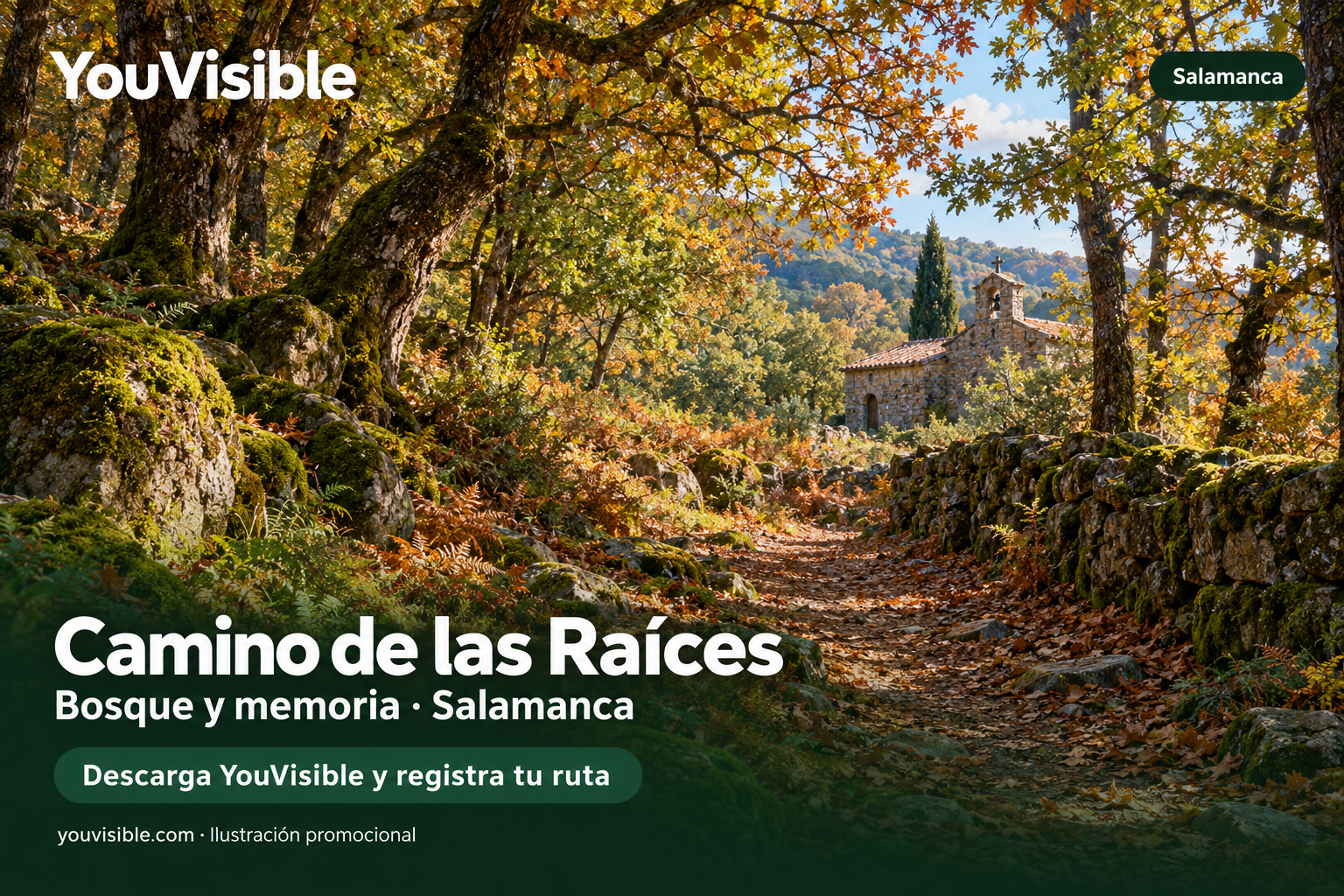 Ilustración promocional del Camino de las Raíces con un sendero entre árboles y una pequeña ermita de piedra.