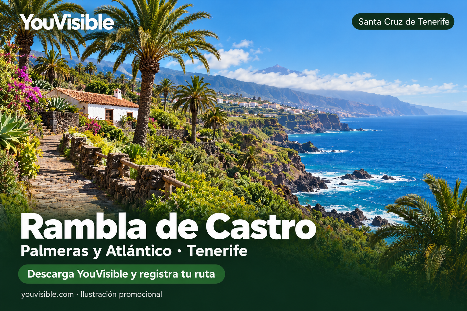 Ilustración promocional de un camino costero entre palmeras y una casa tradicional junto al Atlántico, con título, marca YouVisible e invitación a registrar la ruta.