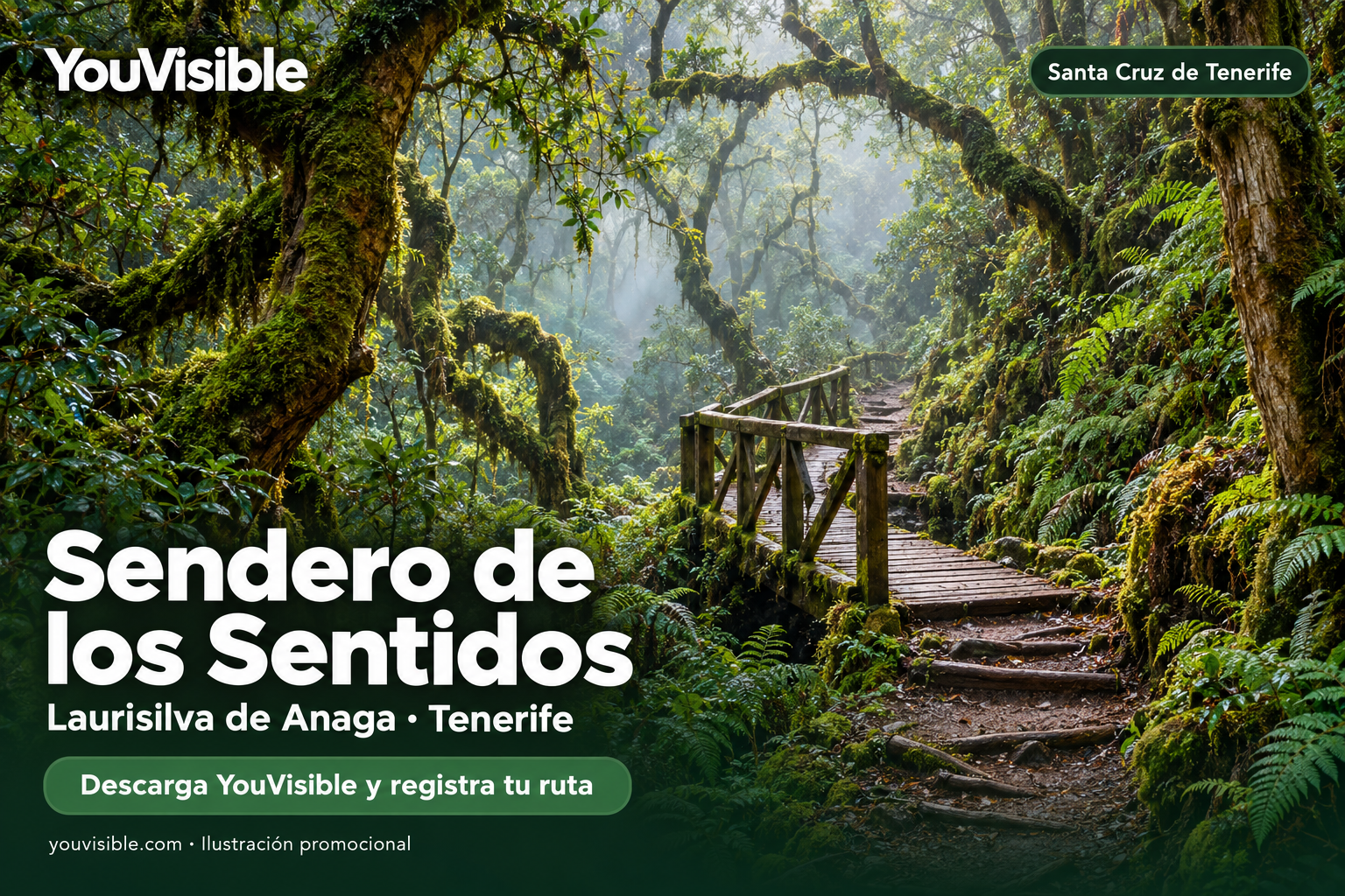 Ilustración promocional de un sendero con pasarela entre árboles y vegetación de la laurisilva de Anaga, con título, marca YouVisible e invitación a registrar la ruta.