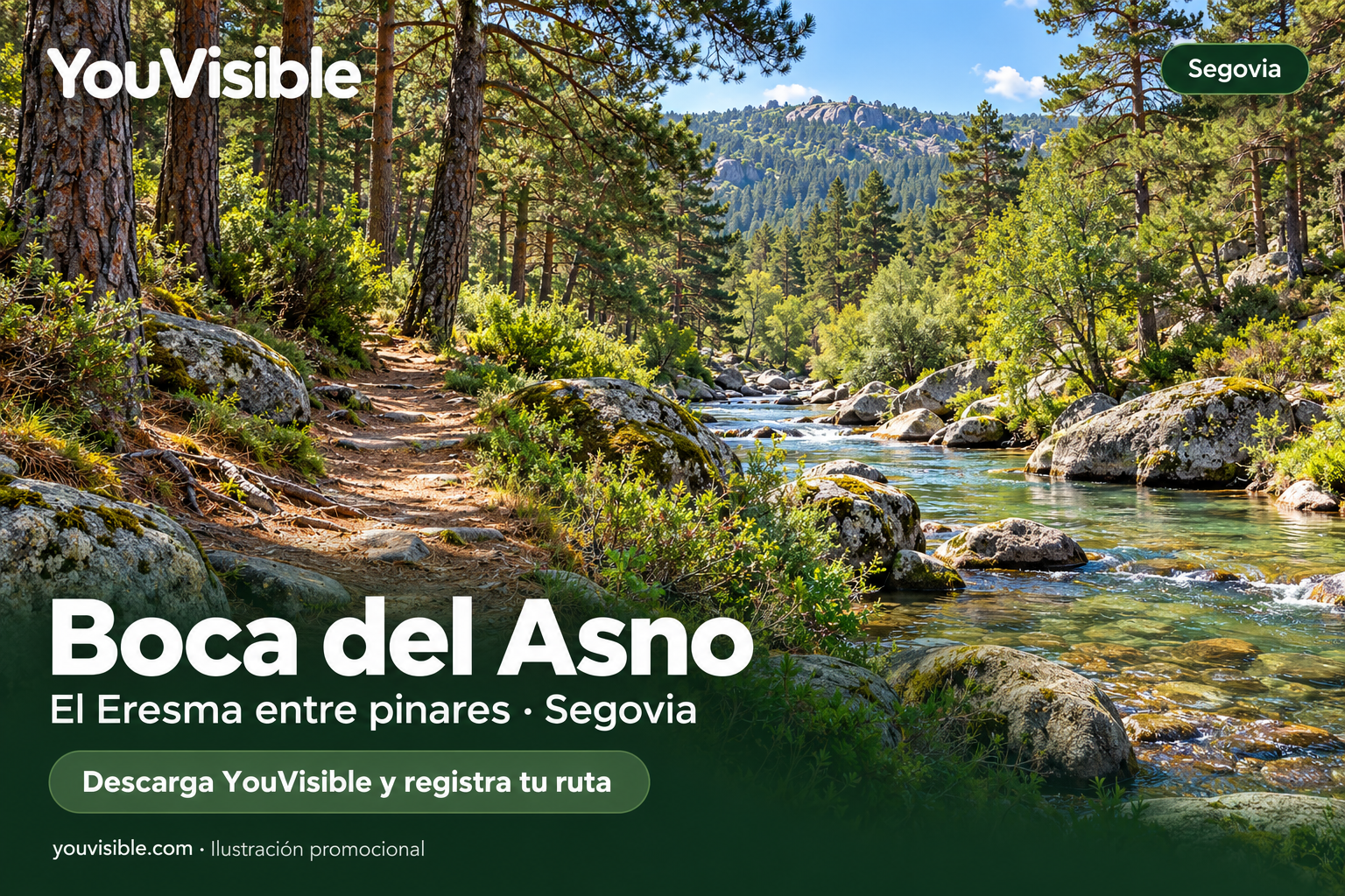 Ilustración promocional del río Eresma entre pinos y rocas de granito en el entorno de Boca del Asno, con título, marca YouVisible e invitación a registrar la ruta.