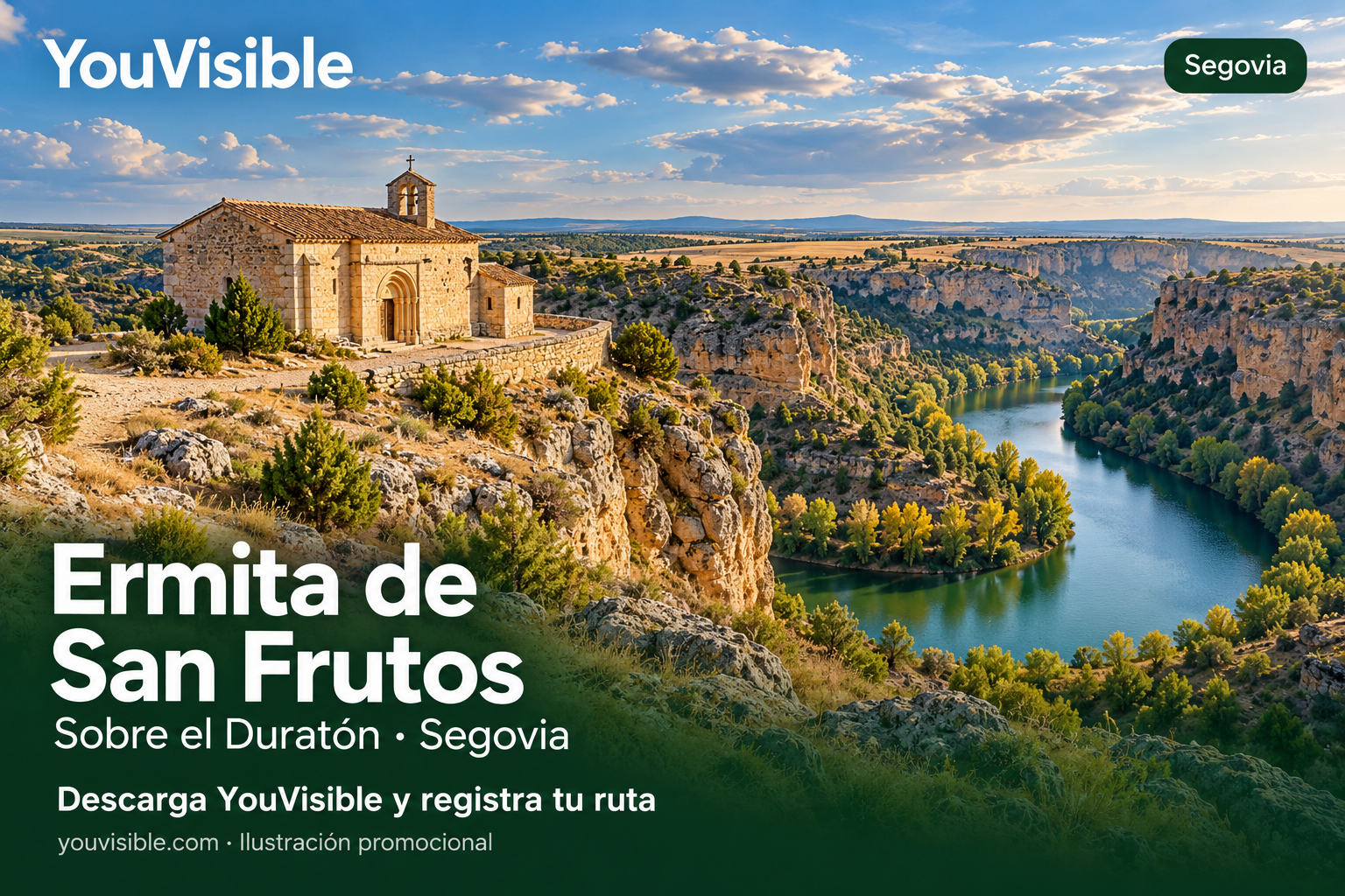 Ilustración promocional de la ermita de San Frutos sobre un meandro de las Hoces del Duratón, con título, marca YouVisible e invitación a registrar la ruta.