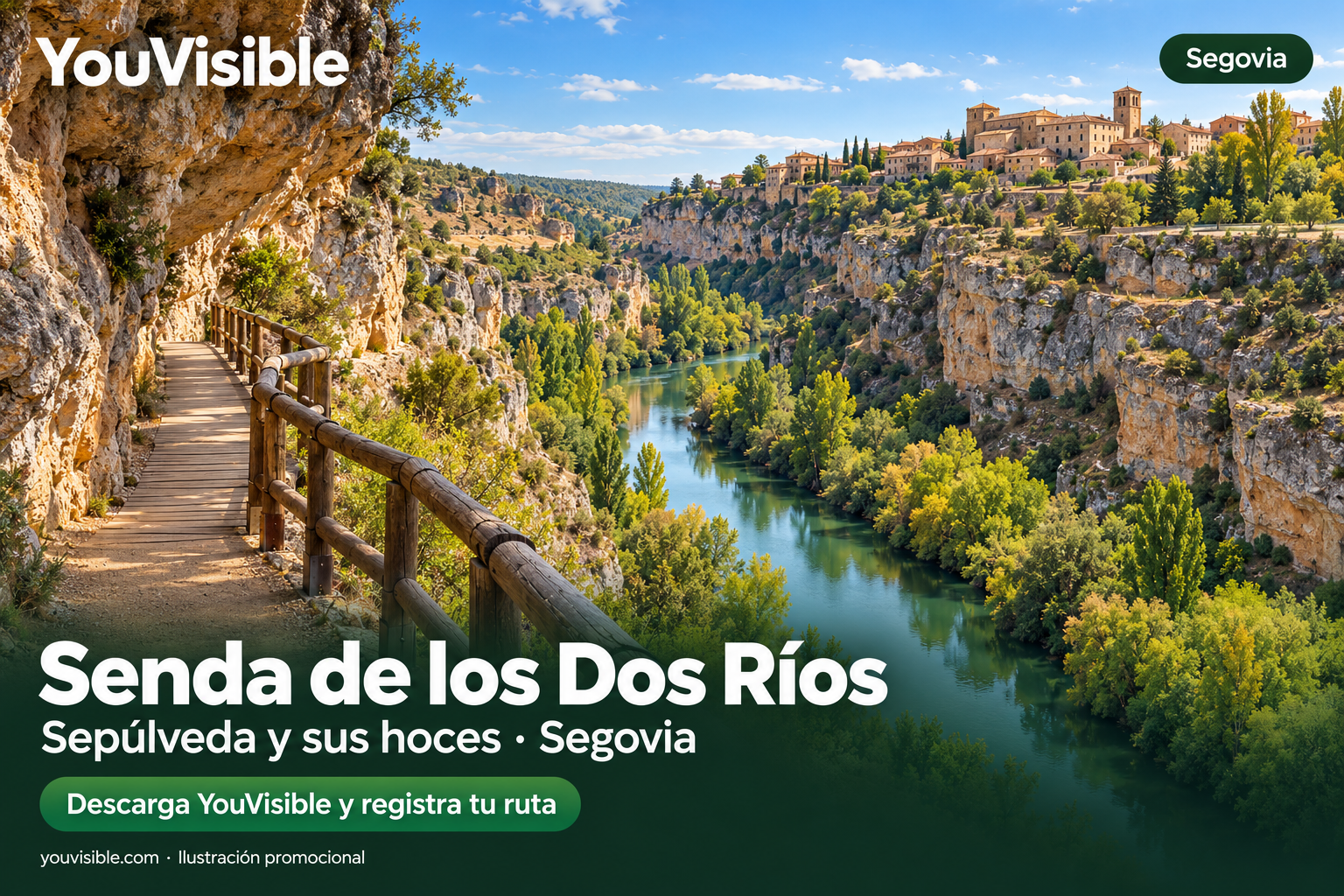 Ilustración promocional de un camino junto al Duratón, con cortados calizos y Sepúlveda al fondo, con título, marca YouVisible e invitación a registrar la ruta.