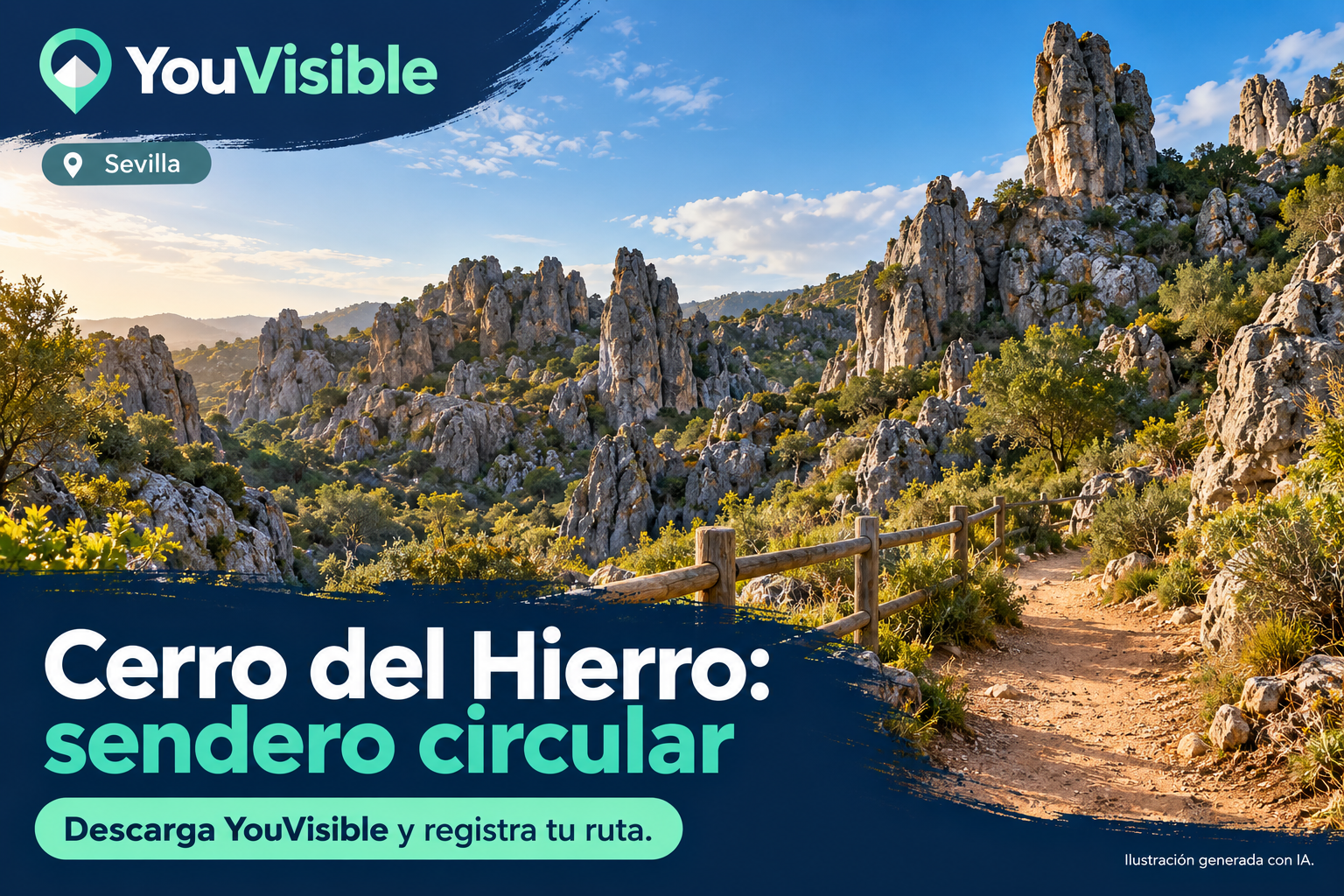 Ilustración promocional del sendero del Cerro del Hierro entre pináculos calizos y vegetación mediterránea, con título, marca YouVisible e invitación a registrar la ruta.