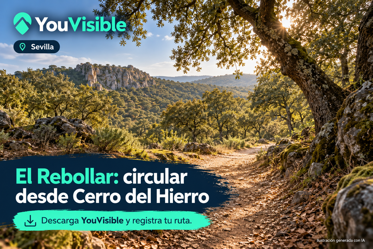 Ilustración promocional de un camino entre árboles y dehesa en el entorno de El Rebollar, con título, marca YouVisible e invitación a registrar la ruta.
