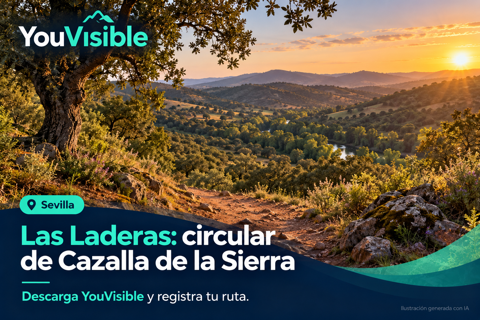 Ilustración promocional de un camino entre laderas y dehesas del entorno de Cazalla de la Sierra, con título, marca YouVisible e invitación a registrar la ruta.