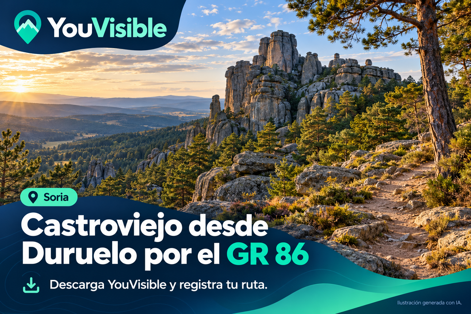 Ilustración promocional de las formaciones rocosas de Castroviejo entre pinares, con título, marca YouVisible e invitación a registrar la ruta.