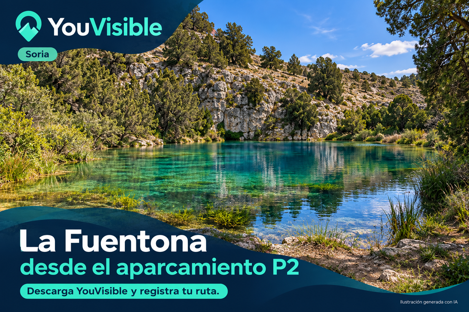 Ilustración promocional de las aguas claras de La Fuentona entre rocas y árboles, con título, marca YouVisible e invitación a registrar la ruta.