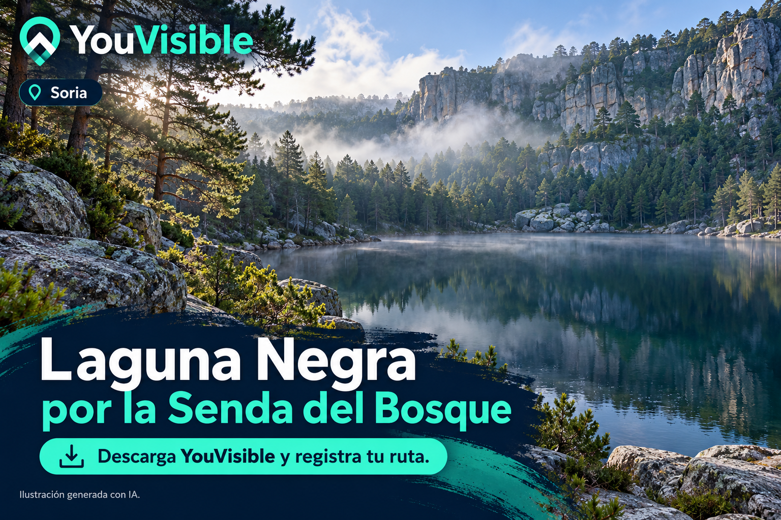 Ilustración promocional de la Laguna Negra entre pinares y paredes rocosas, con título, marca YouVisible e invitación a registrar la ruta.