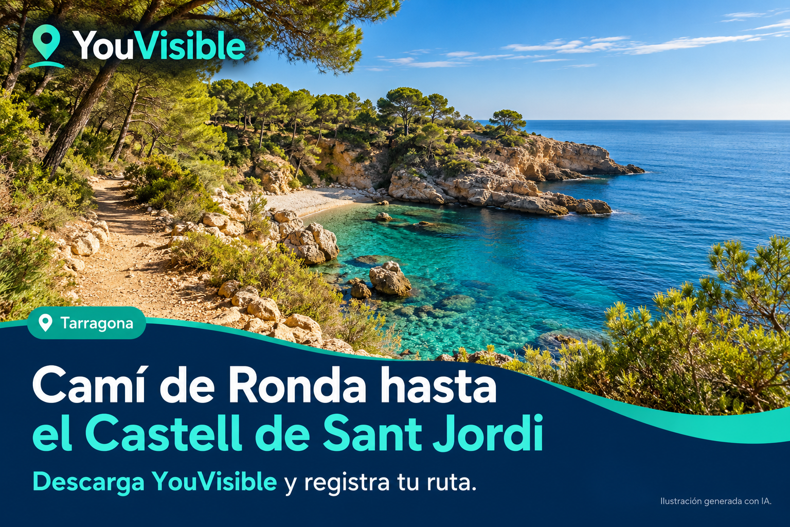 Ilustración promocional de un camino litoral junto a una cala mediterránea y pinos, con título del Camí de Ronda, marca YouVisible e invitación a registrar la ruta.