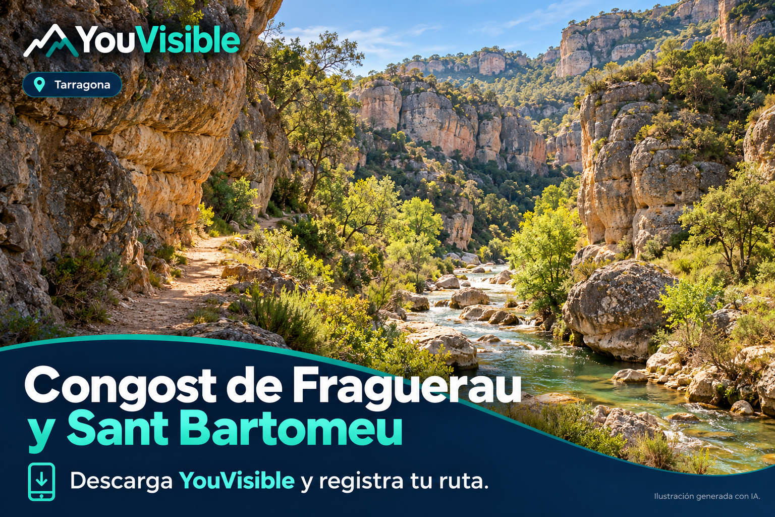 Ilustración promocional de un río entre paredes rocosas y vegetación en el entorno de Fraguerau, con título, marca YouVisible e invitación a registrar la ruta.