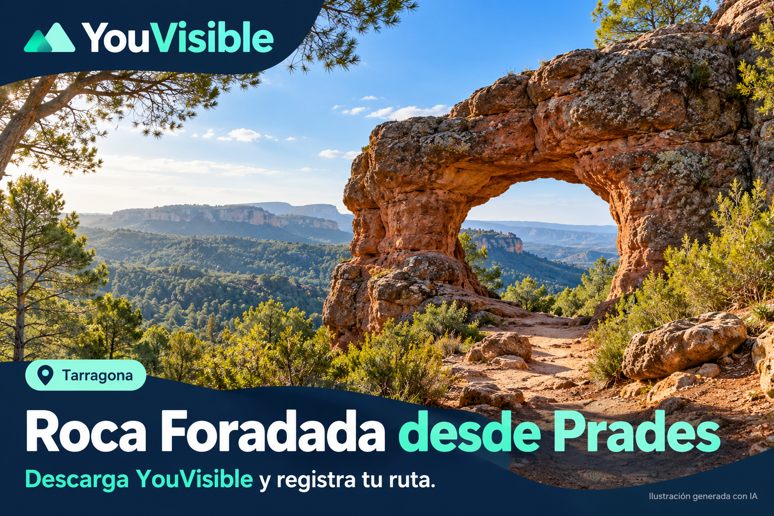 Ilustración promocional de un arco de roca rojiza entre árboles y un camino en el entorno de Prades, con título, marca YouVisible e invitación a registrar la ruta.