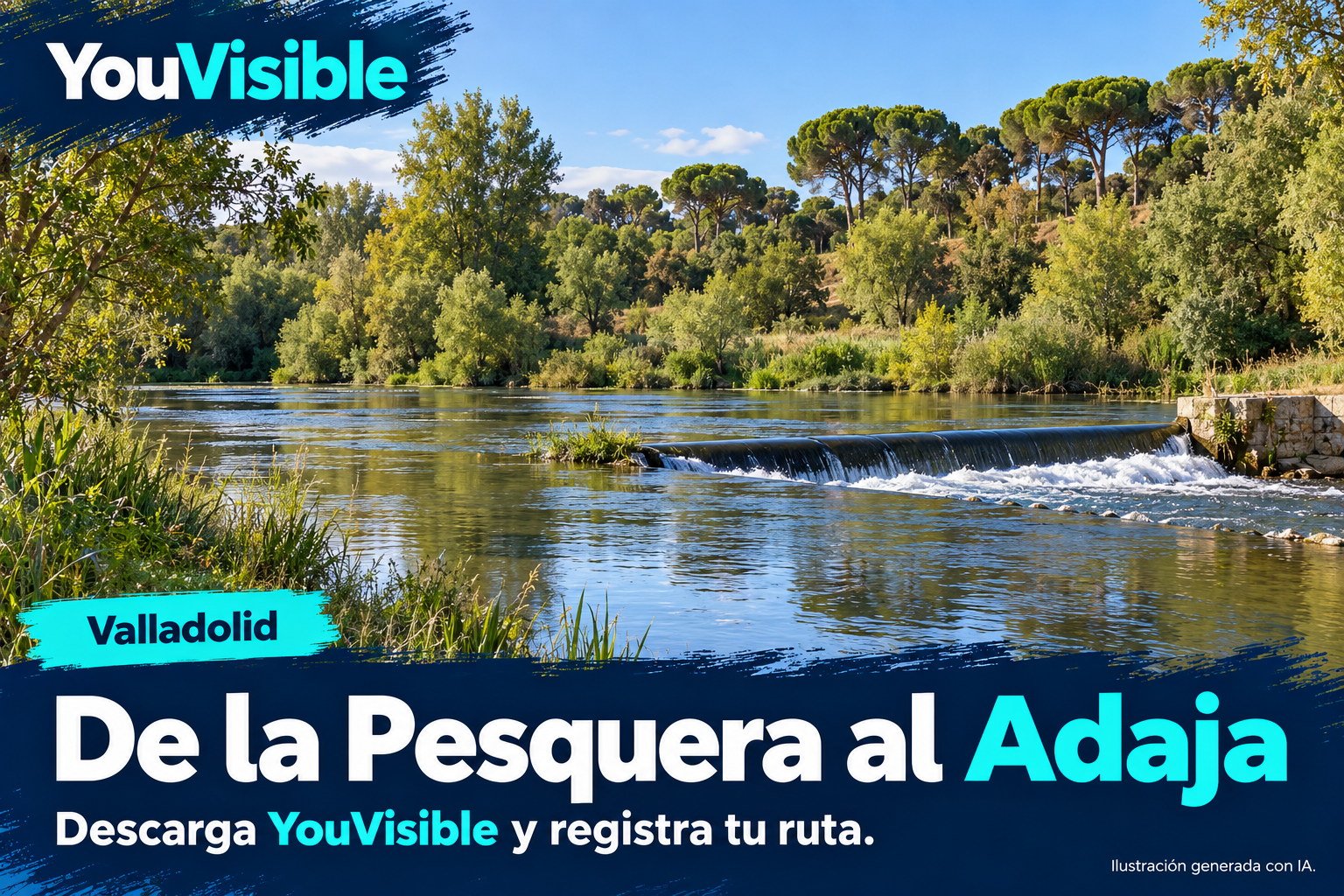 Ilustración promocional de YouVisible para De la Pesquera al Adaja, con un pequeño azud, agua y vegetación de ribera con pinos; incluye título y llamada a registrar la ruta.