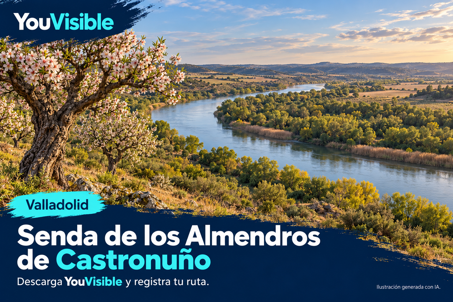 Ilustración promocional de YouVisible para la Senda de los Almendros de Castronuño, con río, vegetación de ribera y un almendro en flor en una ladera; incluye título y llamada a registrar la ruta.