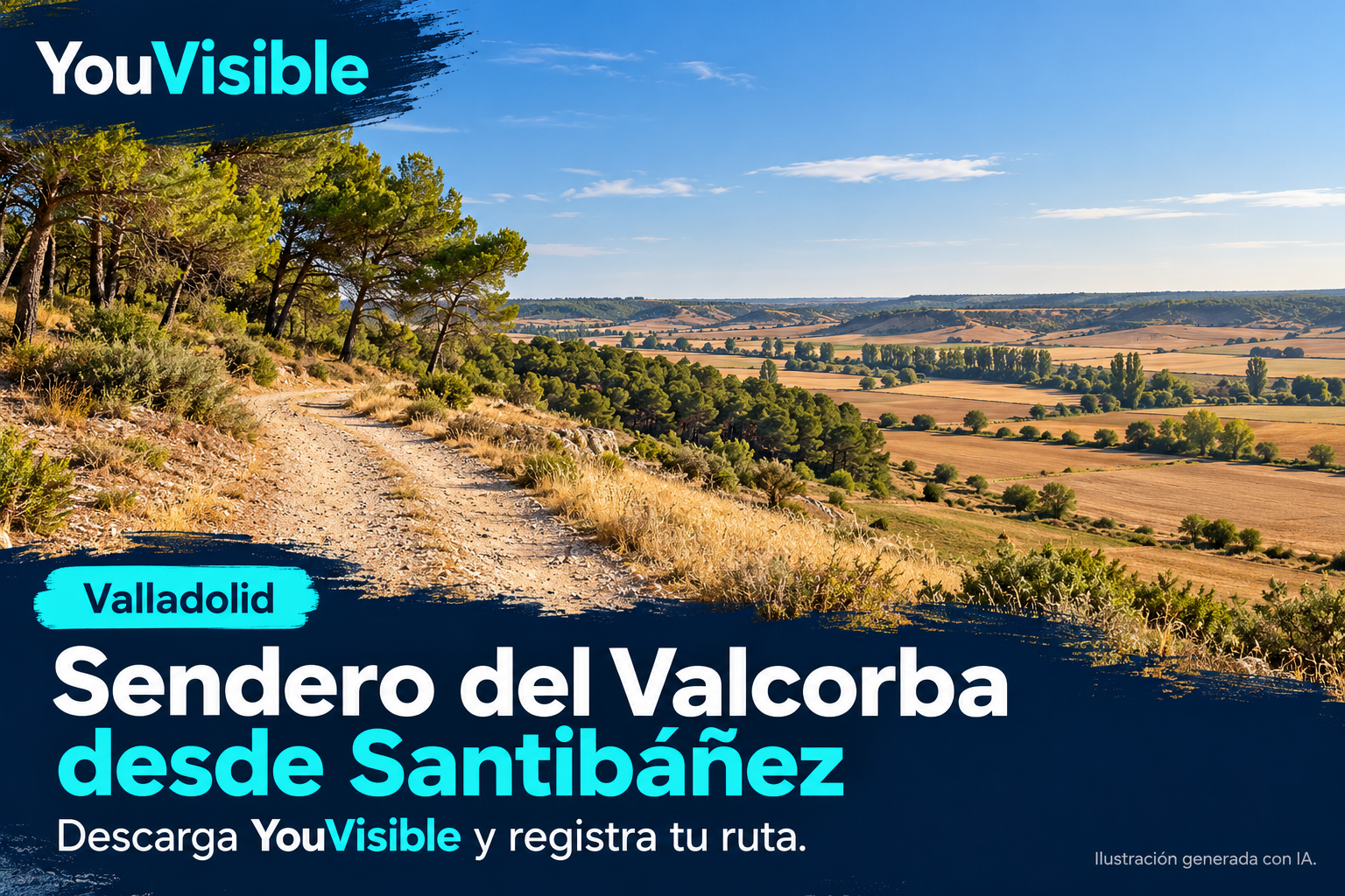 Ilustración promocional de YouVisible para el Sendero del Valcorba desde Santibáñez, con camino de tierra junto a pinos sobre un valle de cultivos; incluye título y llamada a registrar la ruta.