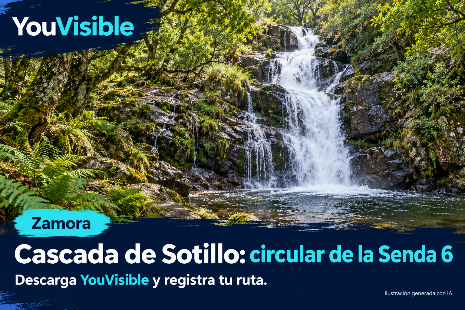 Ilustración promocional de YouVisible para la cascada de Sotillo, con un salto de agua entre rocas y bosque verde; incluye título y llamada a registrar la ruta.