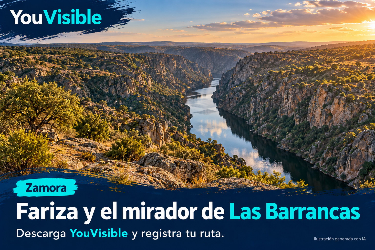 Ilustración promocional de YouVisible para Fariza y Las Barrancas, con el Duero encajado entre laderas rocosas y vegetación; incluye título y llamada a registrar la ruta.