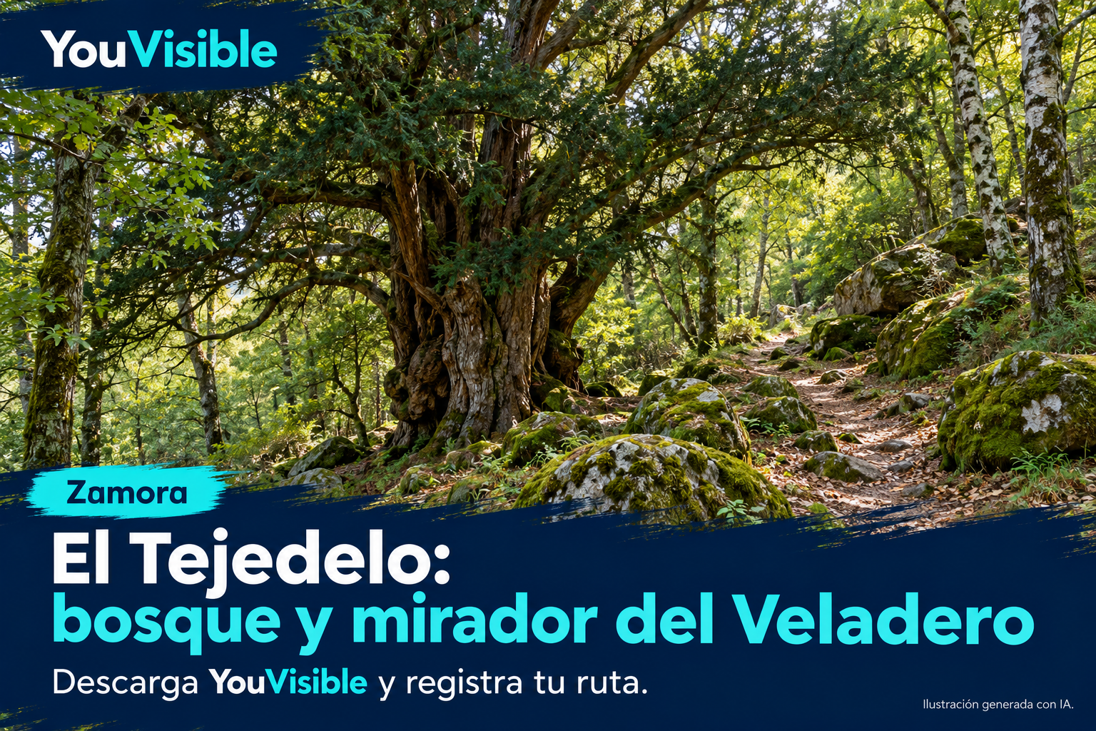 Ilustración promocional de YouVisible para El Tejedelo, con un árbol veterano, raíces, musgo, rocas y un sendero de bosque; incluye título y llamada a registrar la ruta.