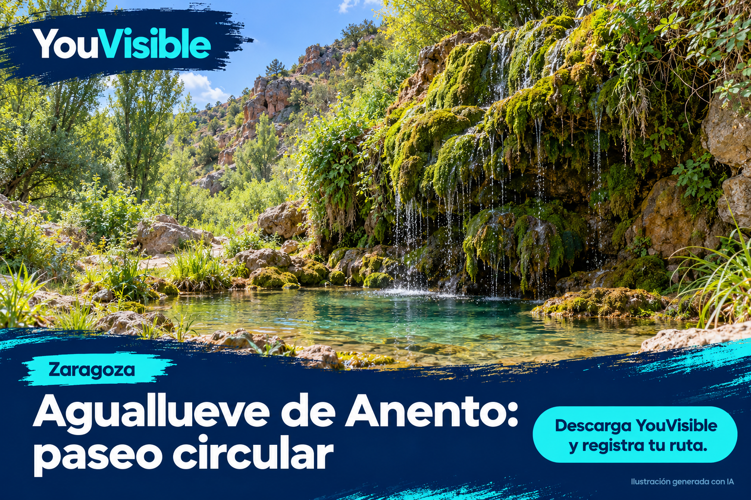 Ilustración promocional de YouVisible para el Aguallueve de Anento, con agua que cae por una pared rocosa cubierta de musgo hacia una poza; incluye título y llamada a registrar la ruta.