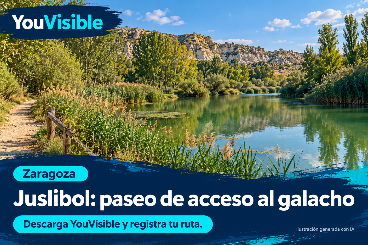 Ilustración promocional de YouVisible para el galacho de Juslibol, con agua, carrizal, árboles de ribera, cortados claros y un camino; incluye título y llamada a registrar la ruta.