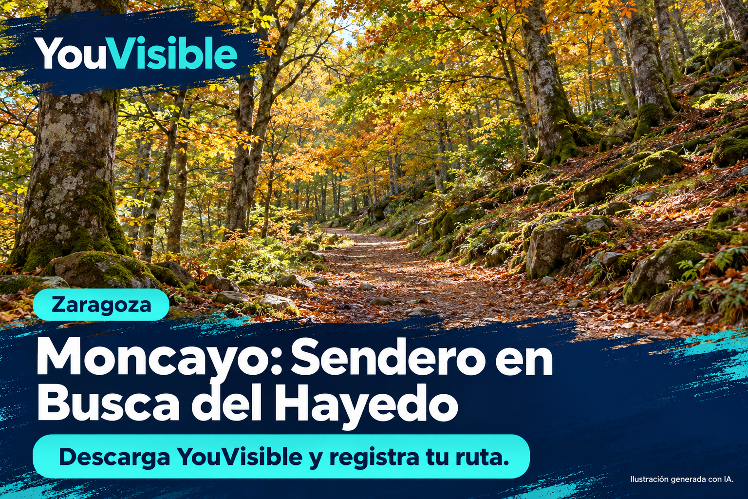 Ilustración promocional de YouVisible para el Sendero en Busca del Hayedo del Moncayo, con un camino forestal, árboles, musgo y hojas de otoño; incluye título y llamada a registrar la ruta.